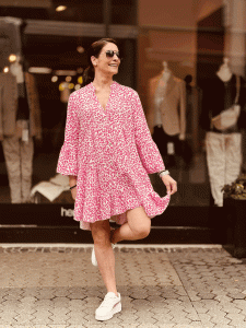HERZALLERLIEBST - Zauberhaftes Musselin Tunika-Kleid "KIM" kann von Größe 36-42 getragen werden, Weiß-Pink