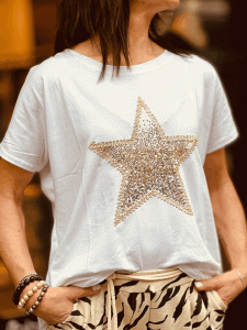 Herzallerliebst - T-Shirt bestickt mit Pailletten "BIG STAR" kann von Größe 36-44 getragen werden, Weiß-Silber