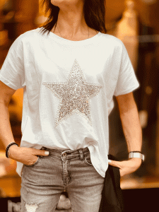 Herzallerliebst - T-Shirt bestickt mit Pailletten "BIG STAR" kann von Größe 36-44 getragen werden, Weiß-Silber