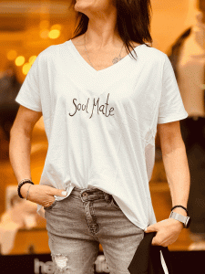 Herzallerliebst - T-Shirt bestickt "SOUL MATE" kann von Größe 36-44 getragen werden, Weiß-Orange