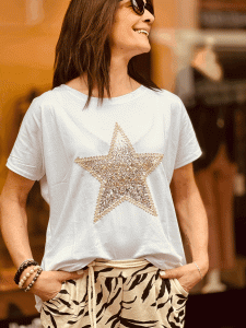 Herzallerliebst - T-Shirt bestickt mit Pailletten "BIG STAR" kann von Größe 36-44 getragen werden, Weiß-Gold