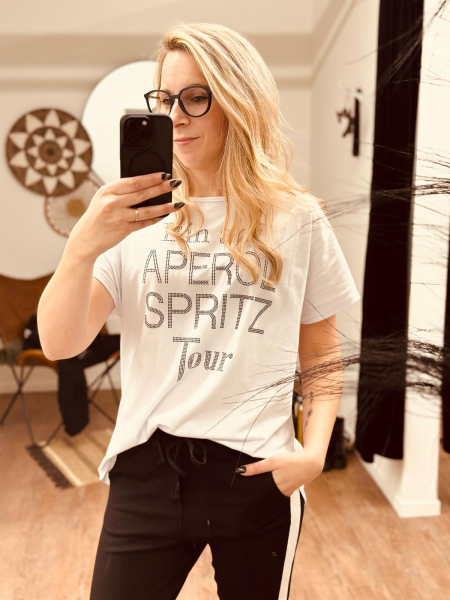 HERZALLERLIEBST - Shirt mit Strass "APEROL SPRITZ TOUR" kann von Größe 36-44 getragen werden, Weiß-Schwarz