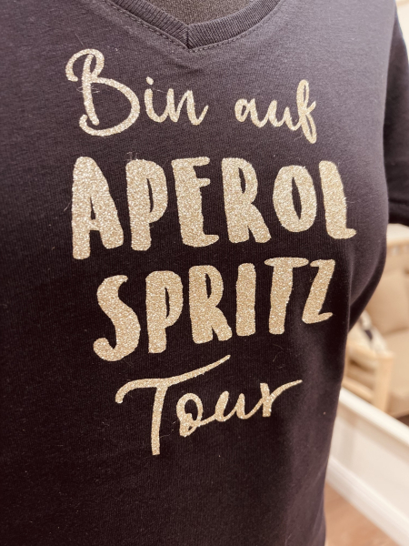 T-Shirt "Bin auf Aperol Spritz Tour" verschieden Größen, Schwarz-Gold