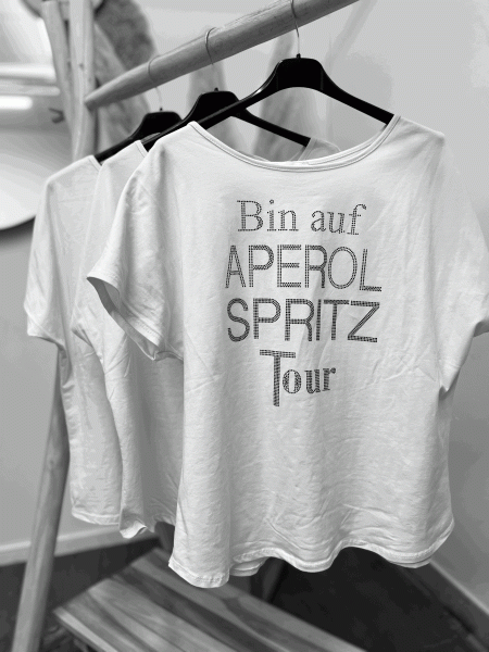 HERZALLERLIEBST - Shirt mit Strass "APEROL SPRITZ TOUR" kann von Größe 36-44 getragen werden, Weiß-Silber