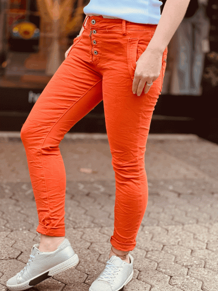 HERZALLERLIEBST - Super bequeme Jeans "LOFT" mit Reißverschluss und Knopfleiste, in den Größen XS-XL wählbar, Orange
